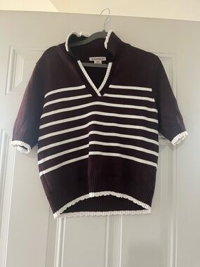 Nanette Lepore Burgundy and White Striped V-Neck Short Sleeve Sweater